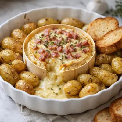 Camembert rôti au jambon & grenaille au four