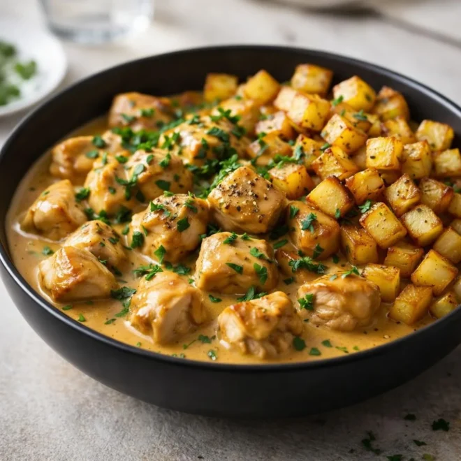 Bouchées de poulet sauce beurre doré et pommes de terre