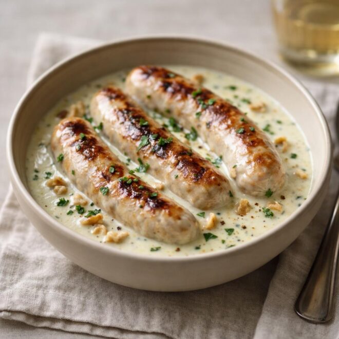 Boudin blanc à la sauce crémeuse au fromage bleu