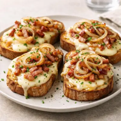 Bruschetta au fromage à raclette : lardons & oignons