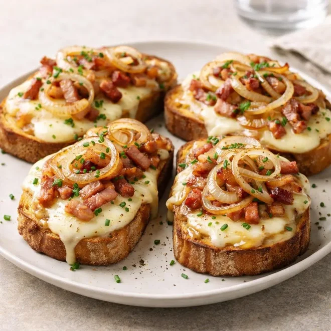 Bruschetta au fromage à raclette, lardons fumés & oignons grillés