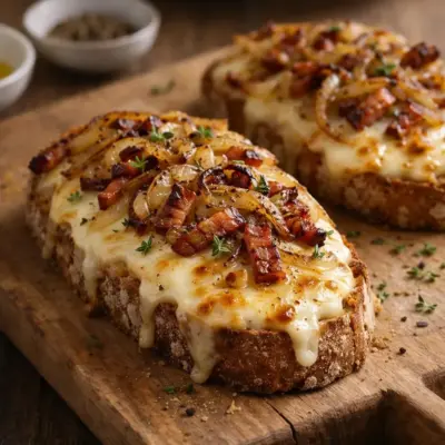 Bruschetta raclette lardons oignons grillés
