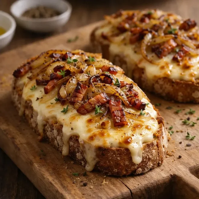 Bruschetta raclette lardons oignons grillés