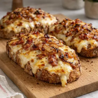 Bruschetta au fromage à raclette lardons oignons