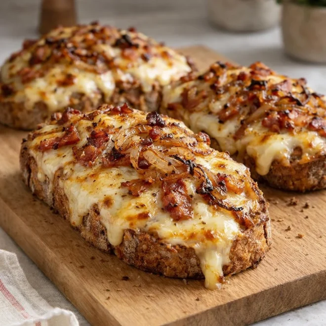 Bruschetta au fromage à raclette lardons oignons