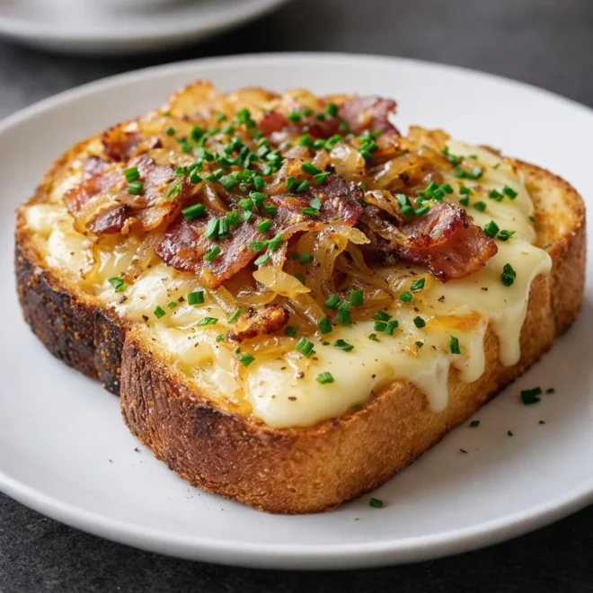 Bruschetta au fromage à raclette, lardons & oignons