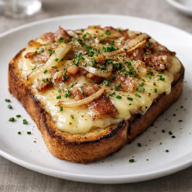 Bruschettas au fromage à raclette, lardons et oignons