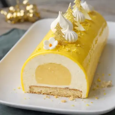 Bûche façon tarte au citron : cœur citron & glaçage miroir