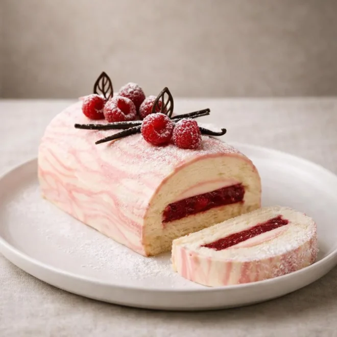 Bûche framboise vanille : biscuit roulé & mousse légère