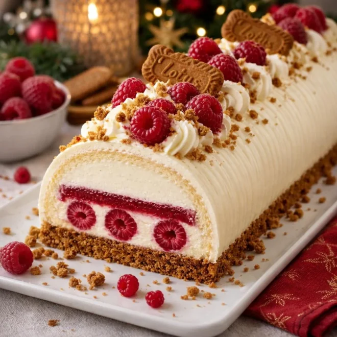 Bûche framboise vanille spéculoos : recette fête