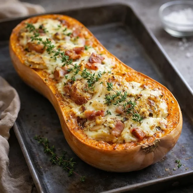 Butternut farcie lardons de dinde et chèvre au four