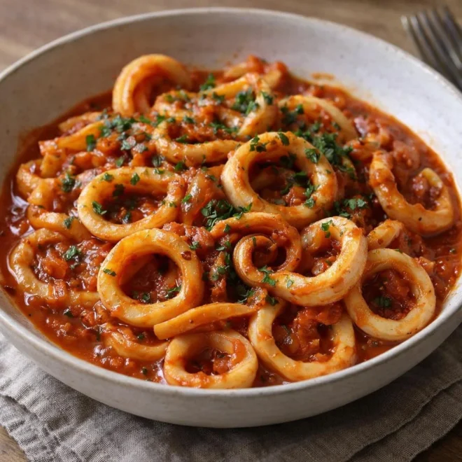 Calamars à l’armoricaine au vin blanc fondants