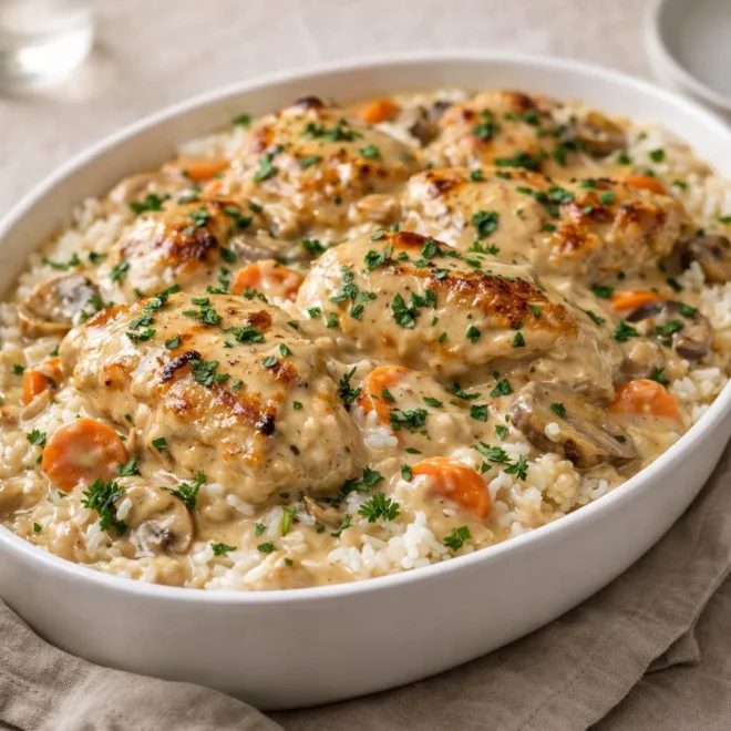 Casserole de poulet au riz crémeuse, sauce onctueuse