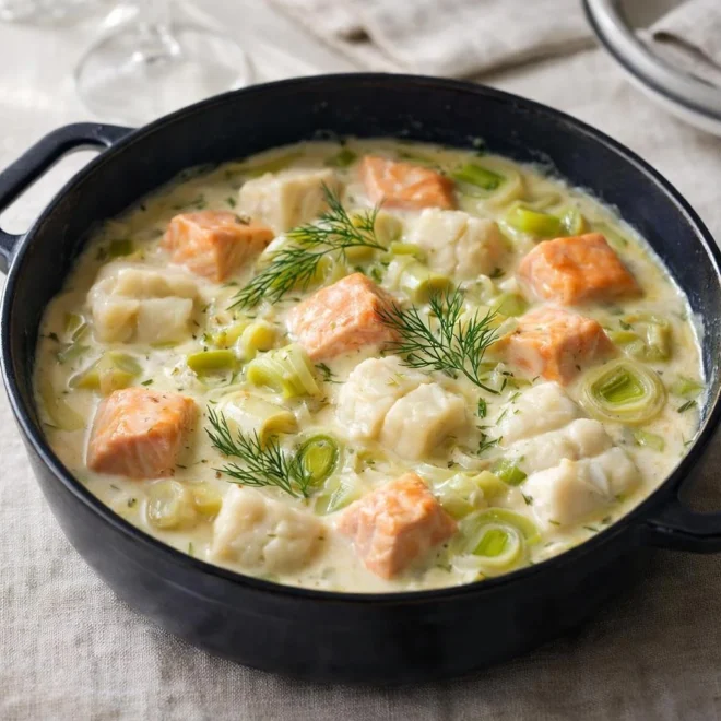 Cassolette aux deux poissons : saumon & cabillaud