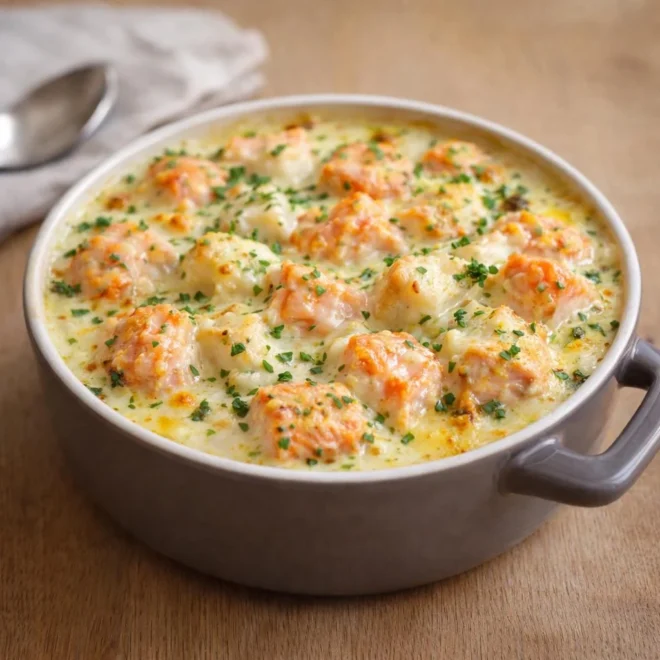 Cassolette aux deux poissons : saumon & cabillaud gratinés