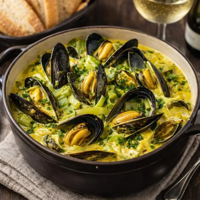 Cassolette de moules au curry et poireaux
