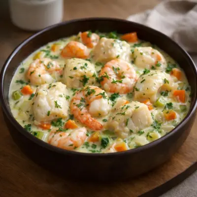 Cassolette de poisson et crevettes aux légumes à l’aneth