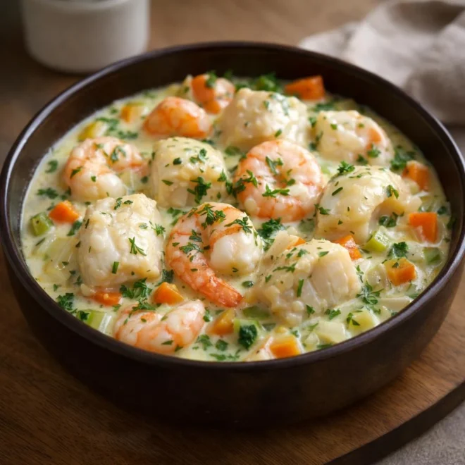 Cassolette de poissons et crevettes aux légumes, sauce légère à l’aneth