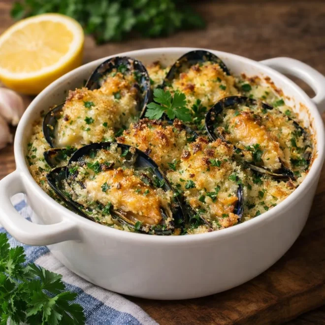 Cassolettes de moules gratinées au beurre persillé