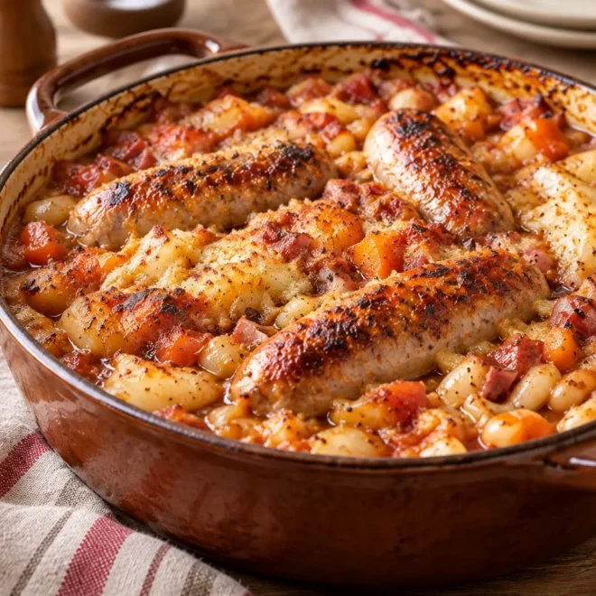 Cassoulet gratiné aux haricots blancs, saucisses et poitrine fumée