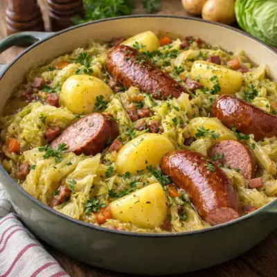 Chou braisé aux saucisses fumées et pommes de terre
