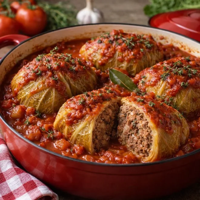 Chou farci à l’ancienne sauce tomate au thym