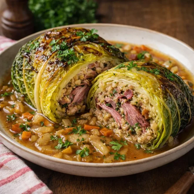 Chou farci au confit de canard : mijoté au vin blanc
