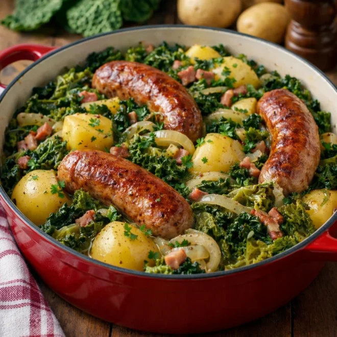 Chou frisé aux saucisses de Toulouse et pommes de terre