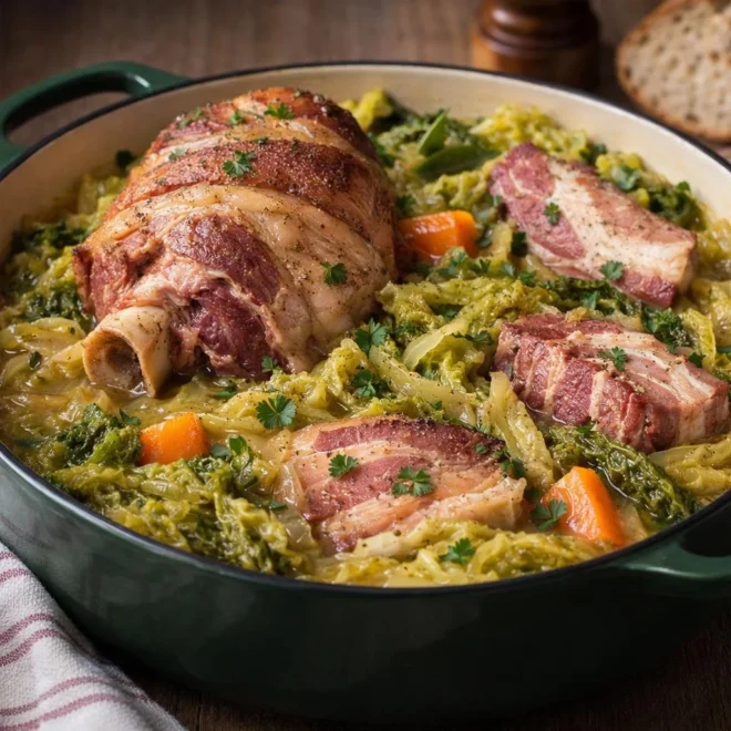 Chou vert braisé au jarret demi-sel, mijoté aux herbes