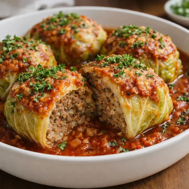 Choux farcis au bœuf et riz gratinés sauce tomate