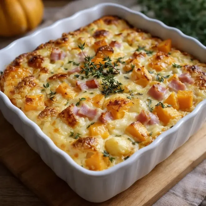 Clafoutis d’automne butternut, pommes de terre, jambon et comté