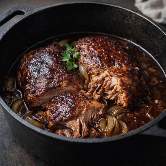 Cochon confit à la bière et sirop d’érable, fondant