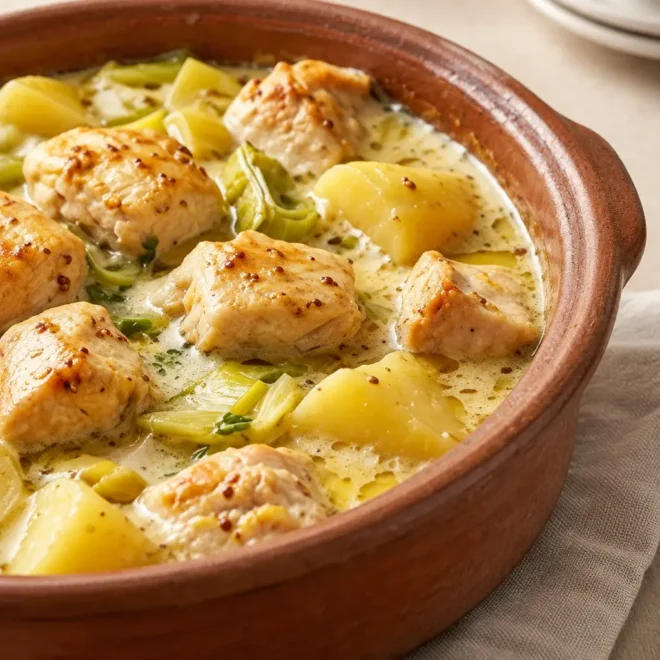 Cocotte de poulet : recette crémeuse aux poireaux