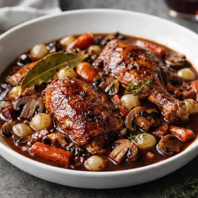 Recette coq au vin facile au vin rouge | Cocotte
