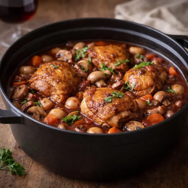 recette coq au vin mijoté doucement (30 min)