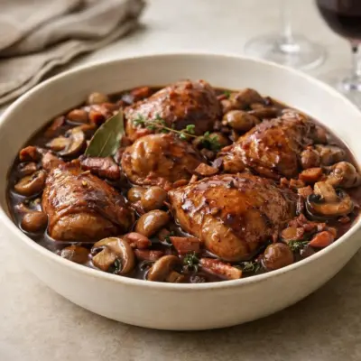 Recette coq au vin sauce riche (cognac & vin rouge)