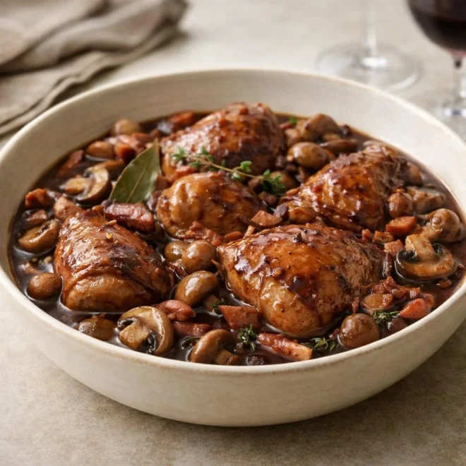 Recette coq au vin sauce riche (cognac & vin rouge)