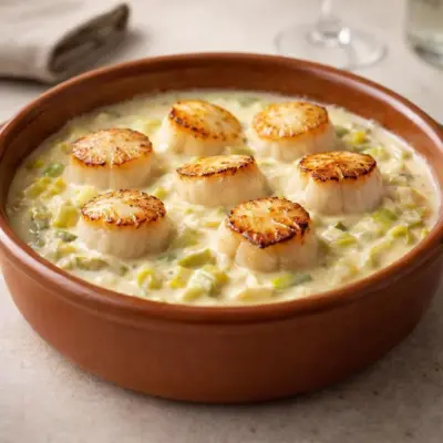 Coquilles Saint-Jacques aux poireaux fondants, crème