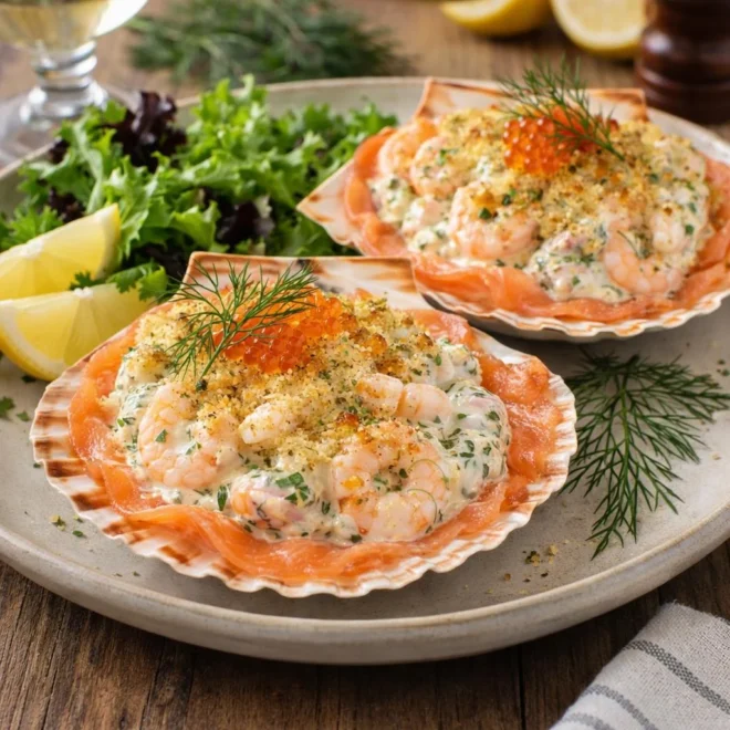 Coquilles de saumon fumé garnies aux crevettes