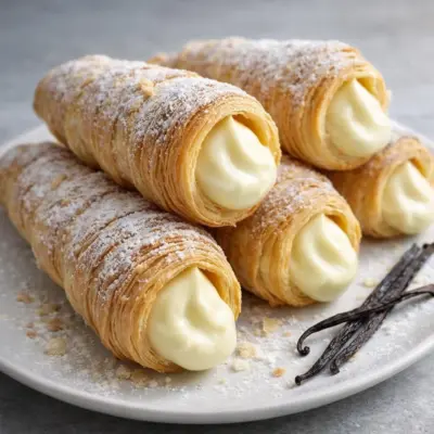 Cornets de pâte feuilletée garnis de crème pâtissière