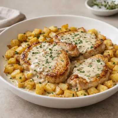 Côtelettes de porc à la crème et pommes de terre sautées