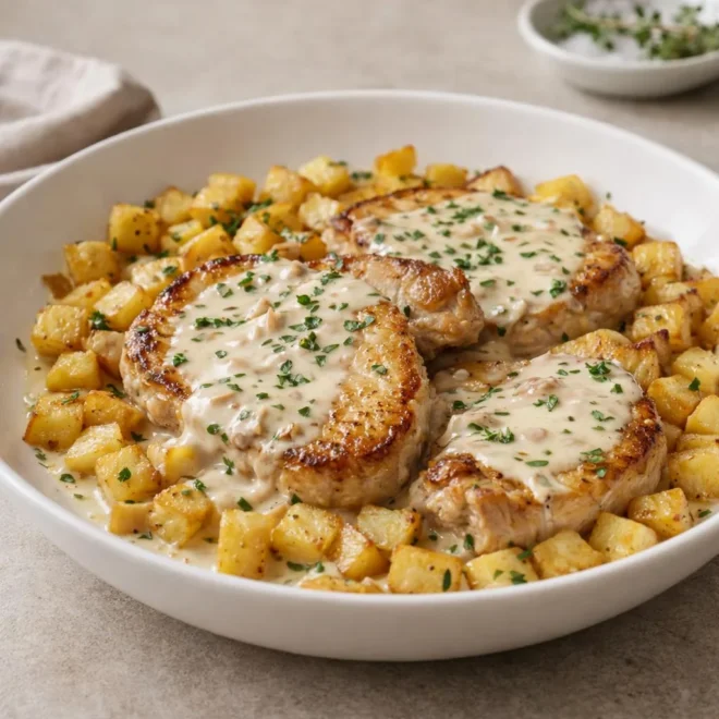 Côtelettes de porc à la crème et pommes de terre sautées
