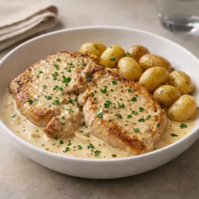 Côtelettes de porc à la crème & pommes de terre moutarde