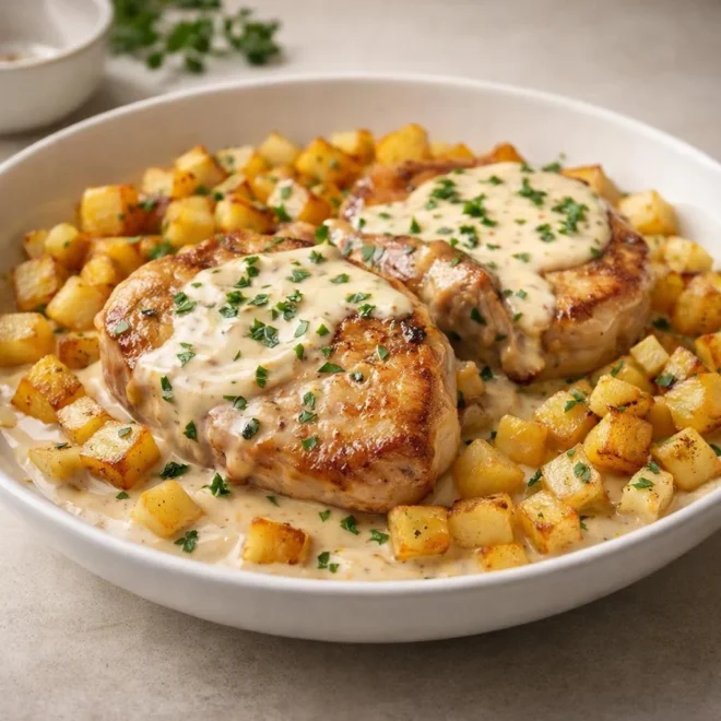 Côtelettes de porc à la crème et pommes de terre sautées