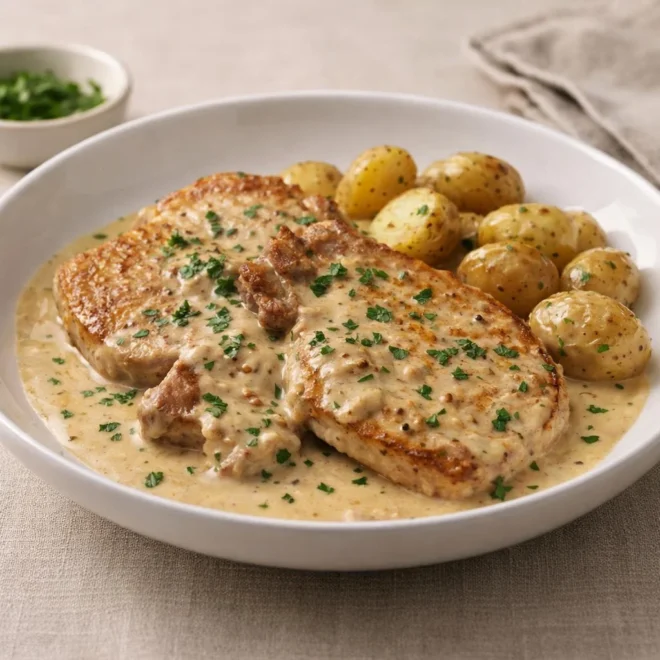 Côtelettes de porc à la crème moutarde et pommes de terre