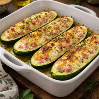 Courgettes farcies jambon chèvre au four gratinées