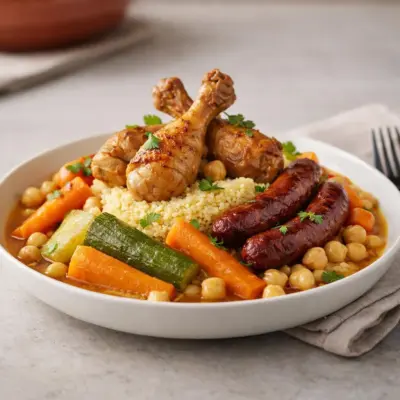 Recette couscous poulet et merguez, légumes fondants