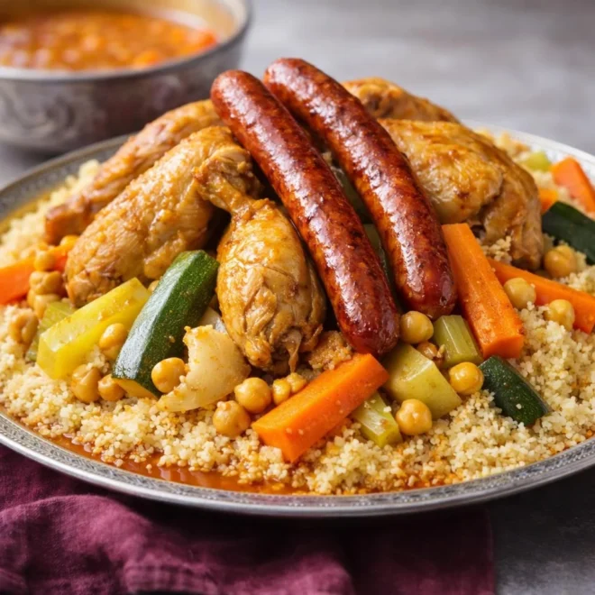 Couscous royal marocain : légumes, poulet et merguez au bouillon parfumé