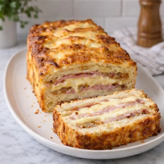 Croque-cake au jambon, reblochon et oignons dorés