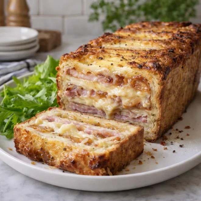 Croque-cake au jambon reblochon et oignons fondants